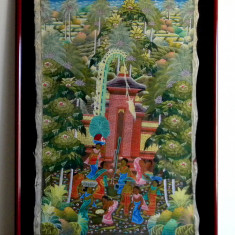 Arta traditionala din Bali (I) tablou original stil Ubud, ulei pe panza, 48x69cm