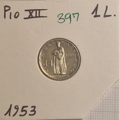 397, Vatican, 1 Lira - Pius XII, 1953, KM#49, buna foto