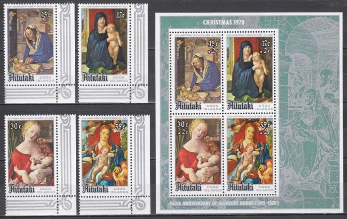 Aitutaki (Cook Islands) 1978 - Crăciun - A 450-a aniversare a morții lui Albrecht D&uuml;rer, Serie + Colita, MNH
