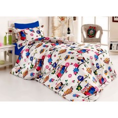 Lenjerie de pat pentru o persoana cu husa de perna dreptunghiulara, Bufnita vesela, bumbac ranforce, gramaj tesatura 120 g/mp, multicolor
