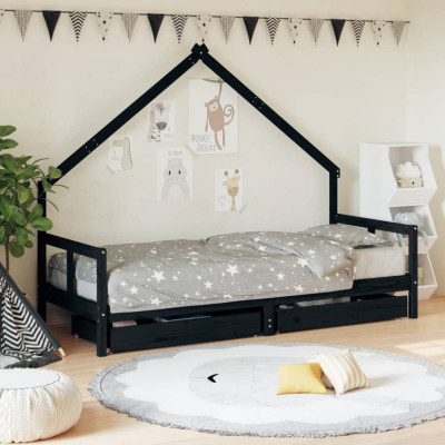 vidaXL Cadru pat copii cu sertare, negru, 80x200 cm, lemn masiv de pin foto