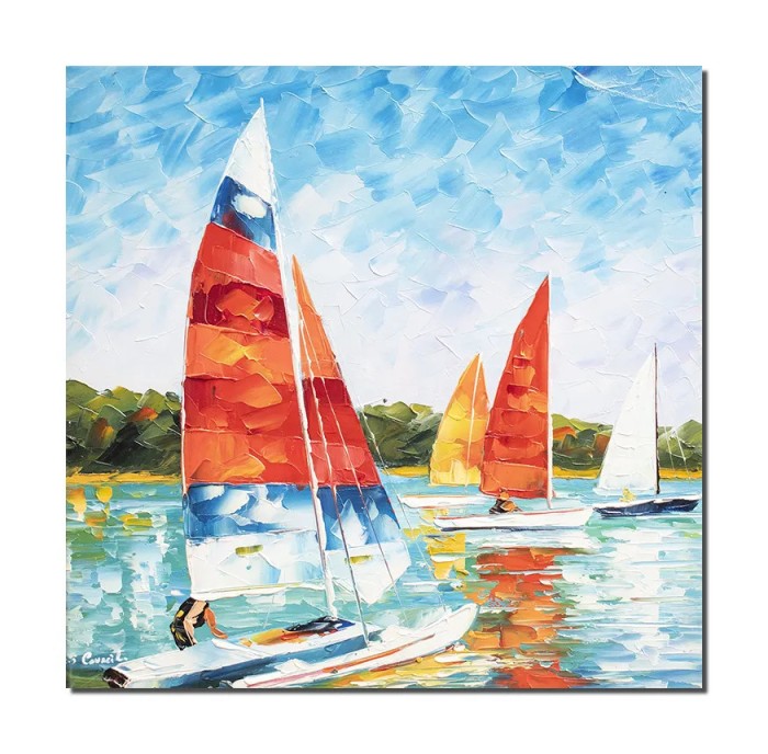 Tablou pictat manual, Cursa veliere, 50x50cm ulei pe panza in cutit efect 3D, gata de expus pe perete