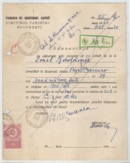 Romania, Parohia Sf. Gheorghe-Capra, Cimitirul parohial, Adeverinta, Bucuresti, 1966