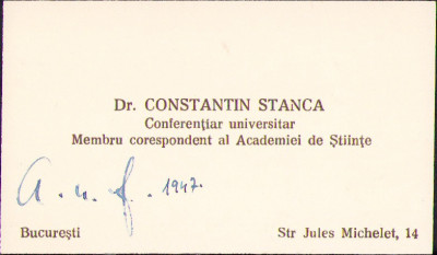 HST A1762 Carte de vizită prof dr Constantin Stanca 1947 foto