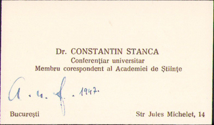 HST A1762 Carte de vizită prof dr Constantin Stanca 1947