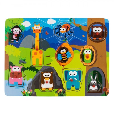 Puzzle Lemn Jungle Animals, 10 Piese, Multicolor, Dimensiuni 30x1x22 cm foto