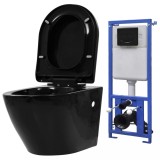 vidaXL Vas WC Suspendat Negru Ceramică + Rezervor &Icirc;ncadrat, Sistem silențios, Montaj inclus