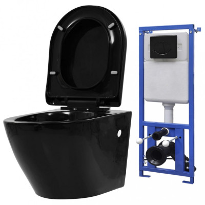 vidaXL Vas toaletă suspendat cu rezervor &amp;icirc;ncastrat, negru, ceramică foto