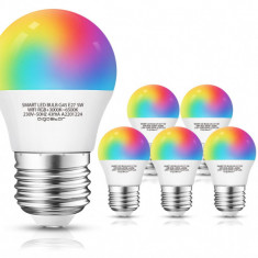 Set 5 becuri LED inteligente Aigostar G45 E27, 5W, 350lm, 3000 K - 6500 K lumina alba si RGB reglabila - RESIGILAT