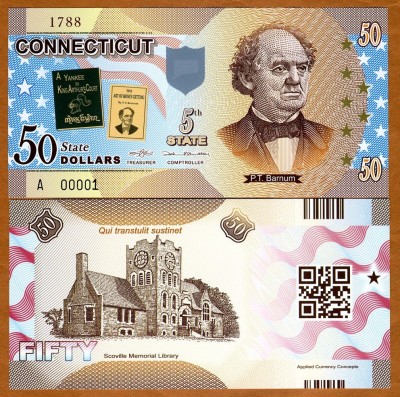 !!! SUA = FANTASY NOTE = CONNECTICUT - 2014 - UNC / AL 5 - LEA STAT / POLIMER foto