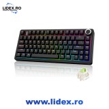 Tastatura mecanica gaming wireless AULA F75, negru integral, 75%, 80 taste, switch-uri LEOBOG Reaper liniare, RGB north-facing, tri-mode Bluetooth/2.4