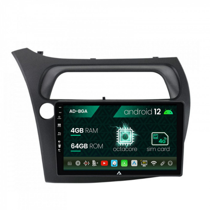 Navigatie Honda Civic Hatchback (2006-2011), Android 12, A-Octacore 4GB RAM + 64GB ROM, 9 Inch - AD-BGA9004+AD-BGRKIT020