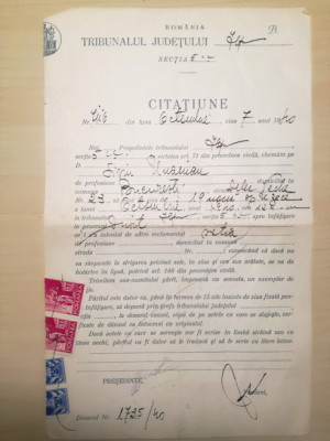1940, Citațiune Trib. Ilfov, Liviu Unanian, Str. Delea Veche, Nr.23, București foto