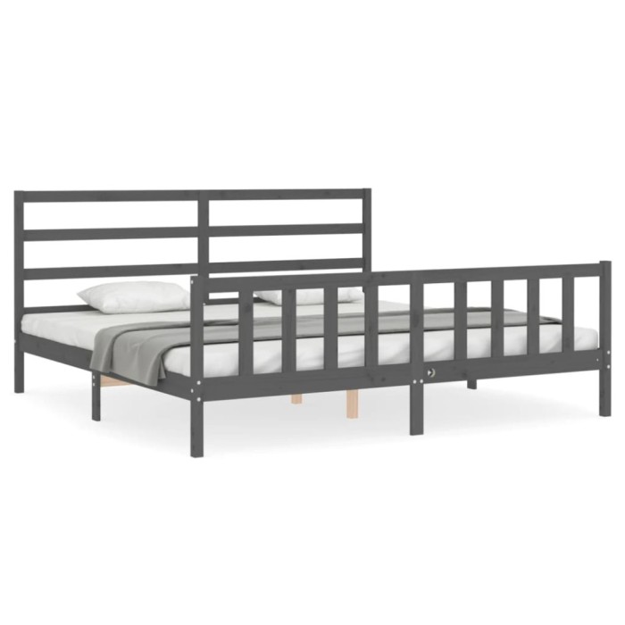 Cadru pat cu tablie 200x200 cm, gri, lemn masiv