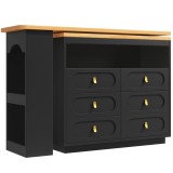 Masă de bar extensibilă cu rotire 360&deg;, 6 sertare și raft lateral pentru gustări, 137-203x39x90 cm, Negru