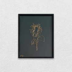 Floarea-soarelui, tablou din fir continuu de sarma placata cu aur, 19×25 cm-cod 3325
