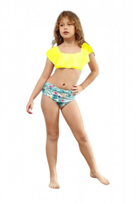 Costum de baie pentru fetite, 2 piese, sutien cu volane, si slip modern, 2T, 18-24 luni, 80 cm, imprimeu floral alb cu galben, perfect pentru plaja sa foto