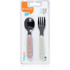 BabyOno Be Active Stainless Steel Spoon and Fork tacâmuri Pastel 12 m+ 2 buc