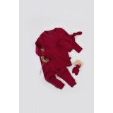 Set 3 piese: bluzita cu maneca lunga, pantaloni lungi si caciulita din bumbac organic si modal - Rosu BabyCosy (Marime: 18-24 Luni)