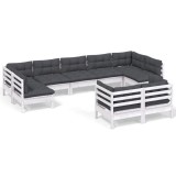 Set mobilier de gradina cu perne, 9 piese, alb, lemn masiv pin