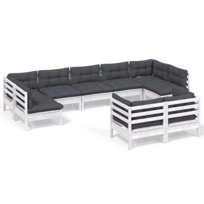 Set mobilier de gradina cu perne, 9 piese, alb, lemn masiv pin foto