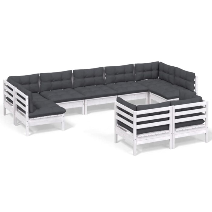 Set mobilier de gradina cu perne, 9 piese, alb, lemn masiv pin