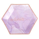 Farfurii hexagonale din carton, Lila Marble cu folie aurie, 23cm, 6 buc, CMCLASS