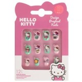 Unghii False Autocolante pentru Copii, Set 12 buc, Roz și Verde cu Model Hello Kitty, CMCLASS
