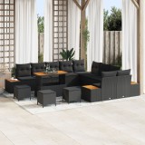 Set de 13 piese canapea pentru gradina cu perne negru ratan polimeric acacia, set de 3 piese mobila de gradina cu perne negru ratan polimeric acacia