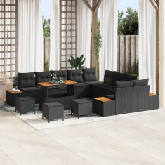 Set de 13 piese canapea pentru gradina cu perne negru ratan polimeric acacia, set de 3 piese mobila de gradina cu perne negru ratan polimeric acacia