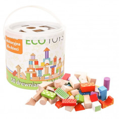 Set cuburi constructii pentru copii Ecotoys, din lemn, 50 piese multicolore foto