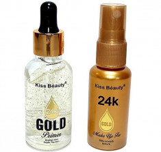 Set Baza de Machiaj cu Particule de Aur 24K Kiss Beauty Gold Primer si Spray Fixator Makeup, 30 ml x 35 ml foto