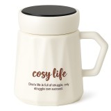 Cana din ceramica cu capac Pufo Grateful pentru cafea sau ceai, 350 ml, alb