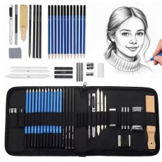 Set profesional pentru schite in creion, 35 piese, bloc desen, creioane, carbune, radiere, ascutitori, mapa depozitare , complet si portabil pentru ar