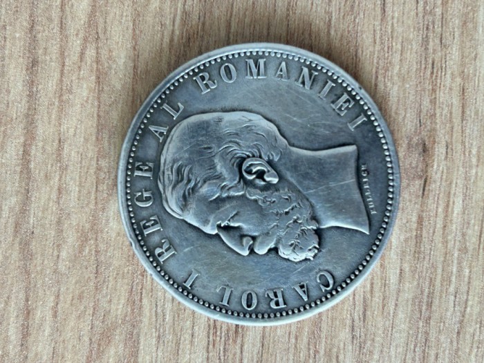 Moneda 5 lei Ag 1881, CAROL I REGE, 6 stele cu 5 raze