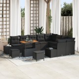 Set de canape pentru gradina Gossi cu 12 piese si perne negru ratan polimeric acacia, set de dining pentru gradina Gossi cu 3 piese si perne negru rat