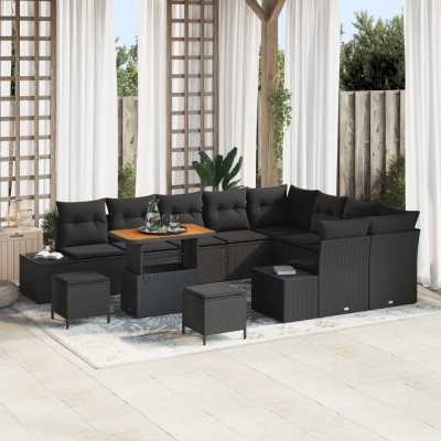 Set de canape pentru gradina Gossi cu 12 piese si perne negru ratan polimeric acacia, set de dining pentru gradina Gossi cu 3 piese si perne negru rat foto