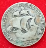 (A321) MONEDA DIN ARGINT PORTUGALIA - 2,5 ESCUDOS 1942, WW2, 3,5 GRAME, PURITATE 650