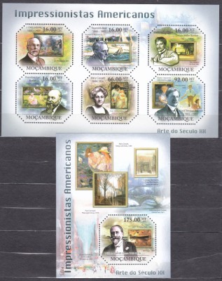 DB1 Pictura Mozambic Impresionisti Americani MS + SS MNH foto