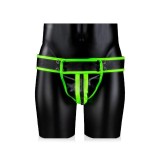 Chilot sexy bărbați OUCH! Striped Jockstrap Glow In The Dark, cu capse, negru cu verde fluorescent, mărime S/M