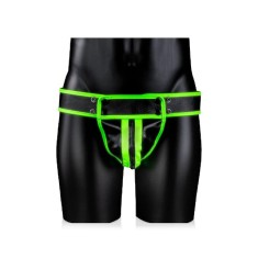 Chilot sexy bărbați OUCH! Striped Jockstrap Glow In The Dark, cu benzi subțiri pe fese, negru cu verde fluorescent, L/XL