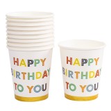 Set 10 pahare, flippy, imprimeu happy birthday to you, din carton, 250 ml, 7.5 x 8.5 x 5.2 cm, multicolor