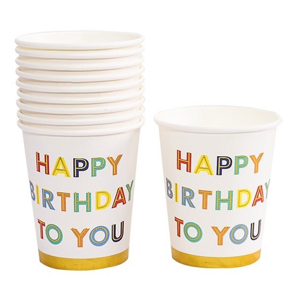 Set 10 pahare, flippy, imprimeu happy birthday to you, din carton, 250 ml, 7.5 x 8.5 x 5.2 cm, multicolor