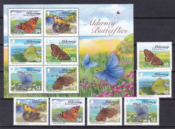 Alderney 2008 fauna fluturi MI 320-325 + bl.21 MNH