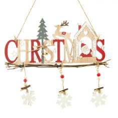 Decorațiune Suspendabilă Lemn, Crăciun, Moș Crăciun și Cerb, 29x24cm, Multicolor