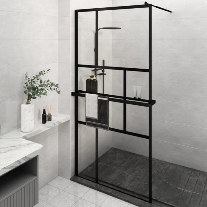 Paravan duș walk-in cu raft negru 115x195cm sticlă ESG/aluminiu