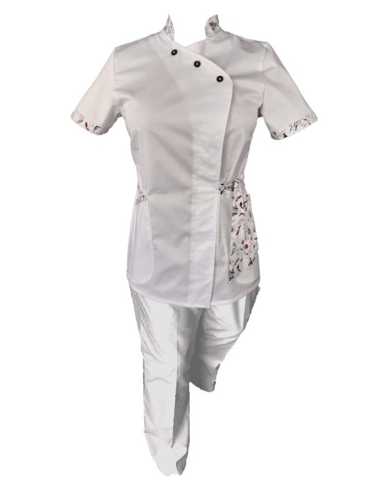 Costum Medical Pe Stil, Alb cu Elastan cu Garnitură, Model Andreea - M, 2XL