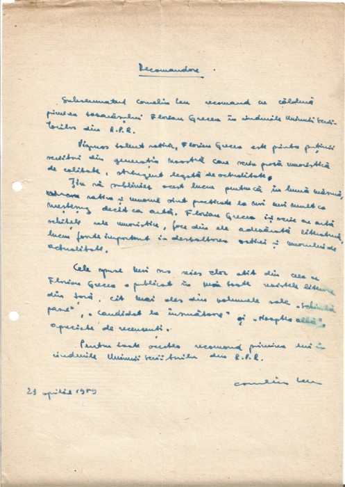 A3529N Corneliu Leu, act scris și semnat olograf, 1959