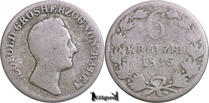 1835, 6 Kreuzer - Leopold | Marele Ducat de Baden | KM 198