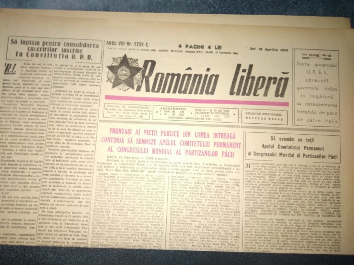 ZIARUL ROMANIA LIBERA 18 APRILIE 1950